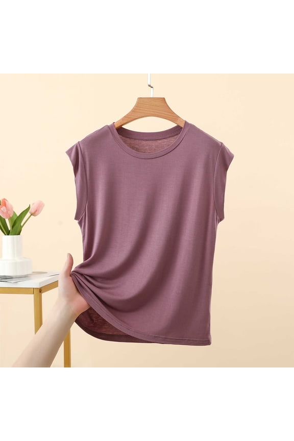 Women's Crew Neck Cap Sleeve T-Shirt, Casual Loose Fit Basic Tee Purple,Women's Plus L
