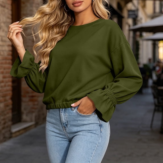 ClodeEU Women's Crew Neck Elastic Waist Cropped Sweatshirt,Ruffle Flare Long Sleeve Casual Pullover Tops ,Women's Plus L