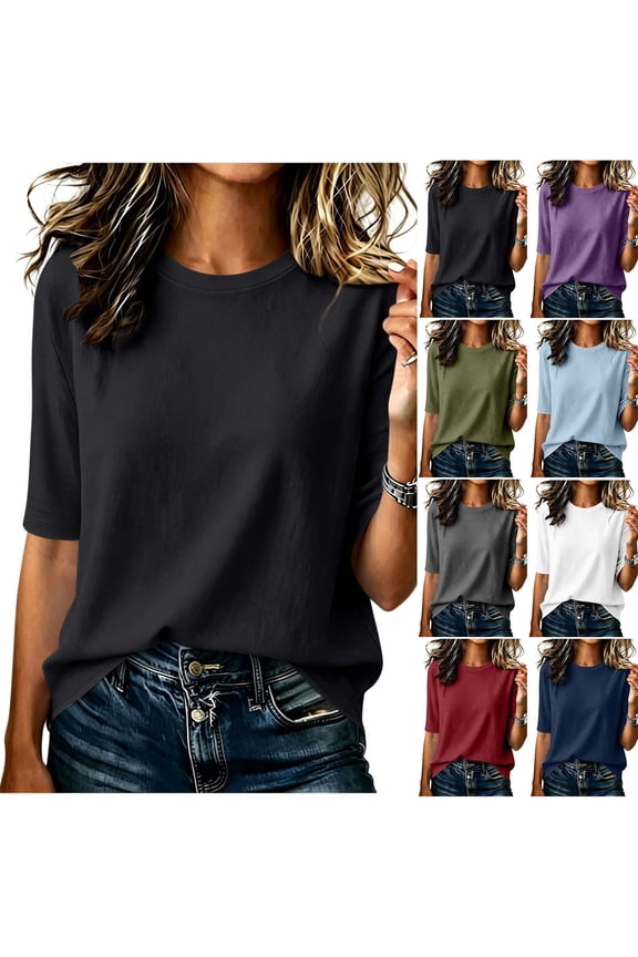 Women's Crew Neck Elbow Sleeve T-Shirt,Solid Casual Relaxed Fit Tee Black,Women's Plus L