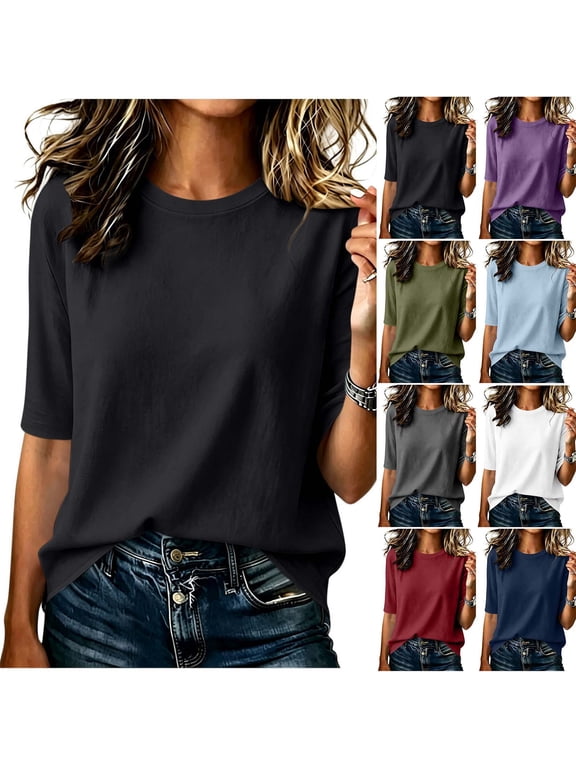 Women's Crew Neck Elbow Sleeve T-Shirt,Solid Casual Relaxed Fit Tee White,Women's Plus L