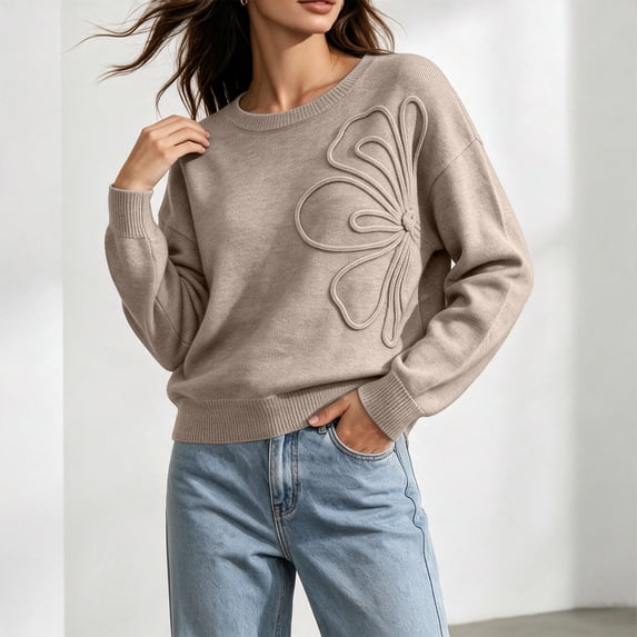 ClodeEU Women's Crew Neck Long Sleeve Bow Knit Sweater,Casual Loose Solid Color Pullover Tops ,Women's Plus S