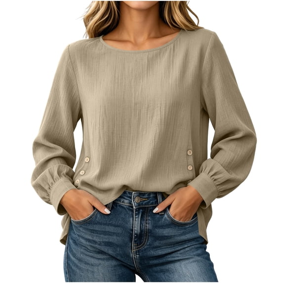ClodeEU Women's Crew Neck Long Sleeve Side Button Split Tops,Casual Loose Solid Color Pullover Shirts ,Women's Plus M