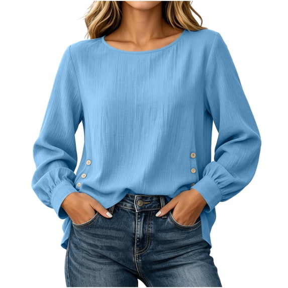 ClodeEU Women's Crew Neck Long Sleeve Side Button Split Tops,Casual Loose Solid Color Pullover Shirts ,Women's Plus M