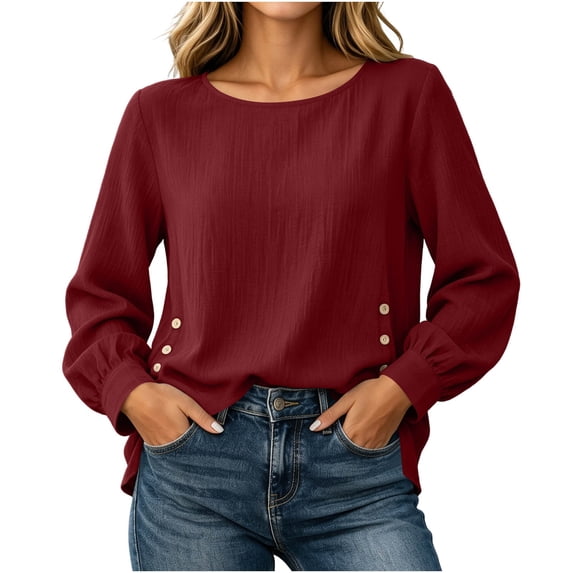ClodeEU Women's Crew Neck Long Sleeve Side Button Split Tops,Casual Loose Solid Color Pullover Shirts ,Women's Plus S