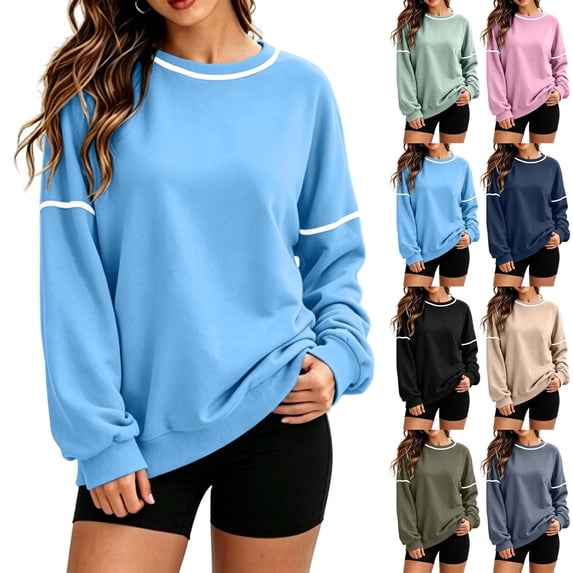 ClodeEU Women's Crew Neck Long Sleeve Sweatshirt with Contrast Stitching ,Casual Loose Pullover Top ,Women's S-XXL
