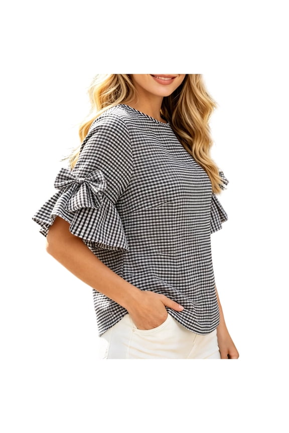 Women's Crew Neck Ruff Sleeve Blouse,Casual Solid Color Loose Top Black,Women's Plus L