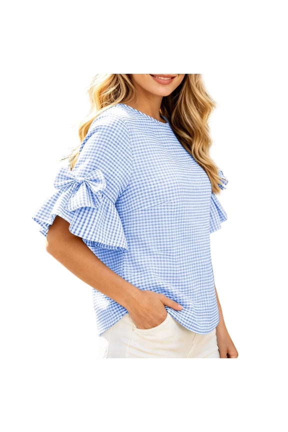 Women's Crew Neck Ruff Sleeve Blouse,Casual Solid Color Loose Top Dark Blue,Women's Plus S