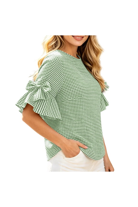 Women's Crew Neck Ruff Sleeve Blouse,Casual Solid Color Loose Top Green,Women's Plus S