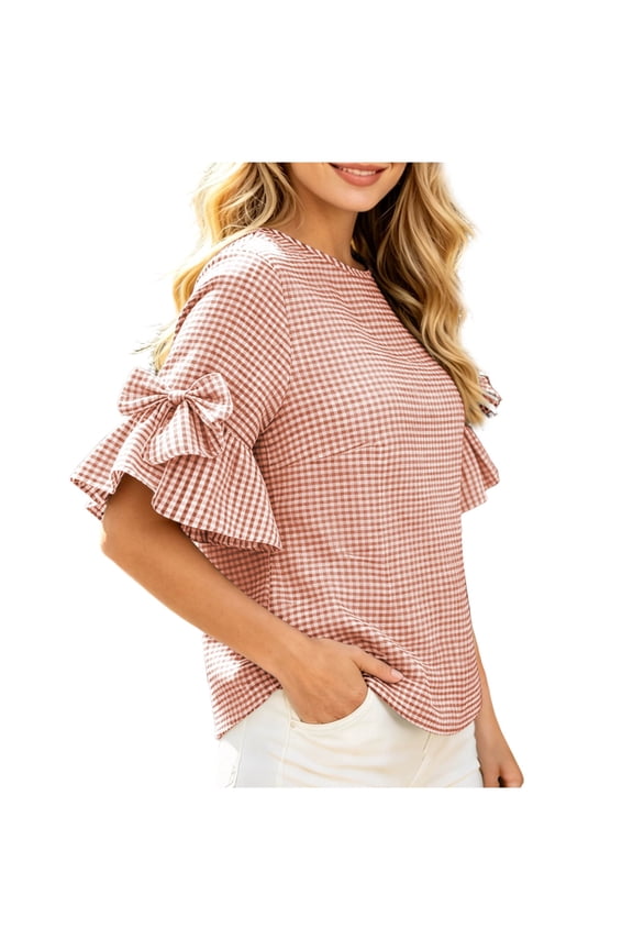 Women's Crew Neck Ruff Sleeve Blouse,Casual Solid Color Loose Top Hot Pink,Women's Plus XL
