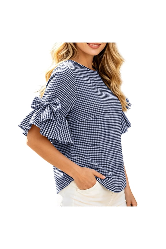 Women's Crew Neck Ruff Sleeve Blouse,Casual Solid Color Loose Top Sky Blue,Women's Plus L