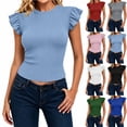 thumbnail image 1 of ClodeEU Women's Crew Neck Ruffle Cap Sleeve T-Shirt,Fitted Ribbed Knit Basic Slim Top Red,Women's Plus XXL, 1 of 7