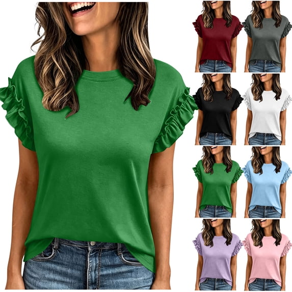 ClodeEU Women's Crew Neck Ruffle Sleeve T-Shirt,Solid Short Sleeve Casual Tee Black,Women's Plus L