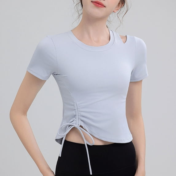 ClodeEU Women's Crew Neck Short Sleeve,Bottom hem With Drawstring, Basic Tight Fit T Shirt Blue,Womens Plus L