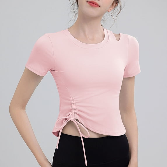 ClodeEU Women's Crew Neck Short Sleeve,Bottom hem With Drawstring, Basic Tight Fit T Shirt Pink,Womens Plus M