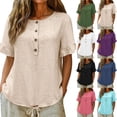 thumbnail image 1 of ClodeEU Women's Crew Neck Short Sleeve Henley Blouse,Casual Solid Color Linen Blend Top Hot Pink,Women's Plus L, 1 of 8