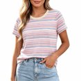 thumbnail image 1 of ClodeEU Women's Crew Neck Short Sleeve Striped T-Shirt,Slim Casual Summer Tee Top Pink,Women's Plus XL, 1 of 5