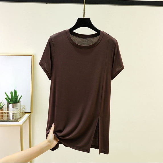ClodeEU Women's Crew Neck Short Sleeve T Shirt with Side Slit,Casual Solid Color Summer Blouse Coffee,Women's Plus XXL