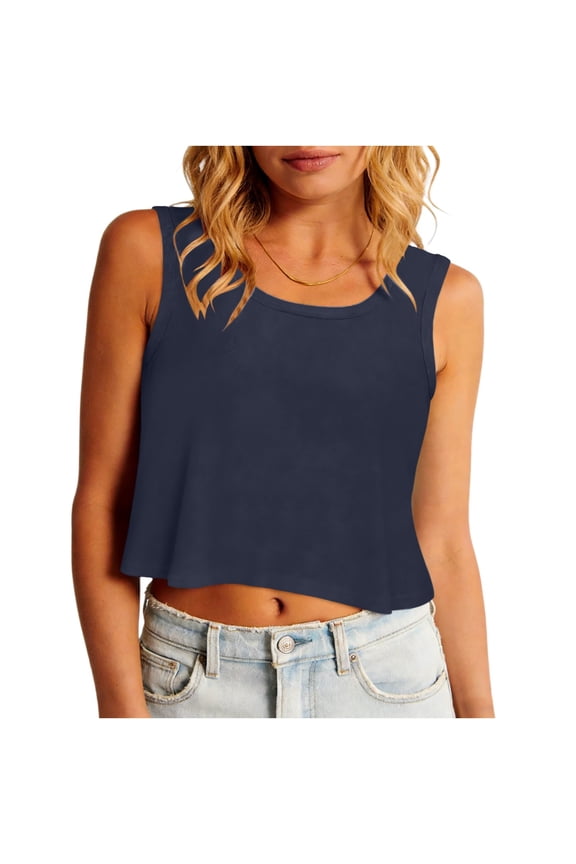 Women's Crew Neck Sleeveless Crop Tank Top,Casual Solid Form Fitting Basic Top Navy,Women's Plus M