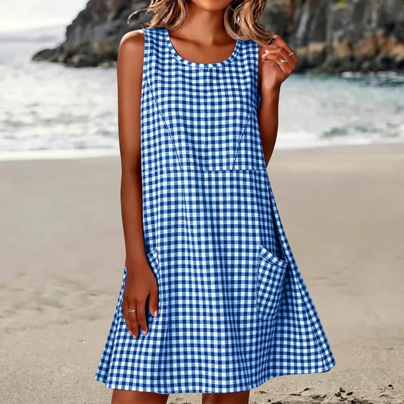 ClodeEU Women's Crew Neck Sleeveless Plaid A Line Mini Dress,Solid Casual Summer Swing Dress Blue-Plaid,Women's Plus S