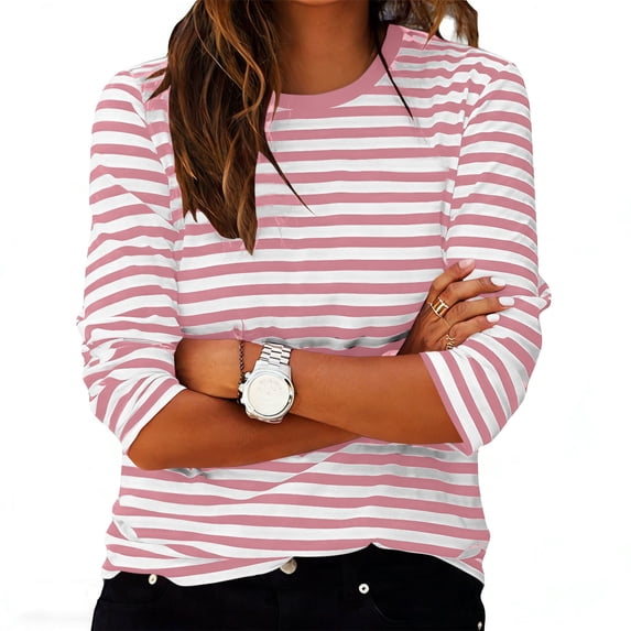 ClodeEU Women's Crew Neck Striped 3/4 Sleeve Blouse,Casual Loose Fit Basic Top Pink,Women's Plus XL