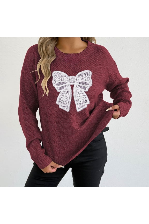 Women's Crew Neck Sweaters,Bow Sweater Pullover,Long Sleeve Comfortable Top Wine,Womens Plus M