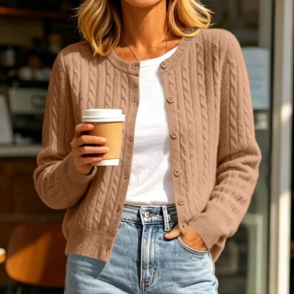 ClodeEU Women's Crewneck Cable Knit Cardigan,Button Down Long Sleeve Soft Knit Sweater Jacket ,Women's Plus XXL
