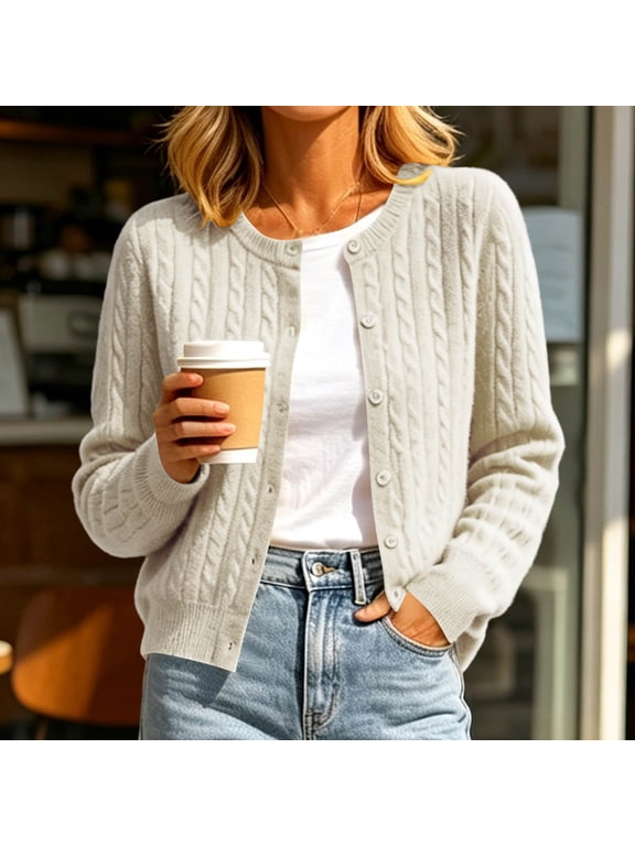 Women's Crewneck Cable Knit Cardigan,Button Down Long Sleeve Soft Knit Sweater Jacket ,Women's Plus XXL