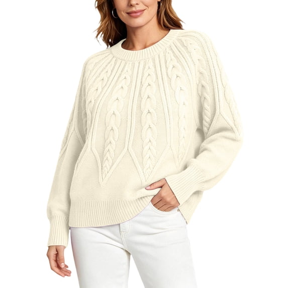 ClodeEU Women's Crewneck Cable Knit Sweater,Loose Puff Long Sleeve Cropped Pullover Jumper ,Women's Plus L