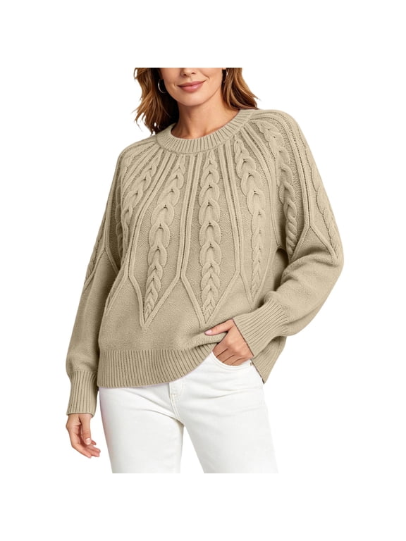 Women's Crewneck Cable Knit Sweater,Loose Puff Long Sleeve Cropped Pullover Jumper ,Women's Plus L
