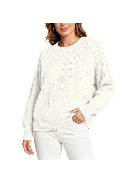Women's Crewneck Cable Knit Sweater,Loose Puff Long Sleeve Cropped Pullover Jumper ,Women's Plus L