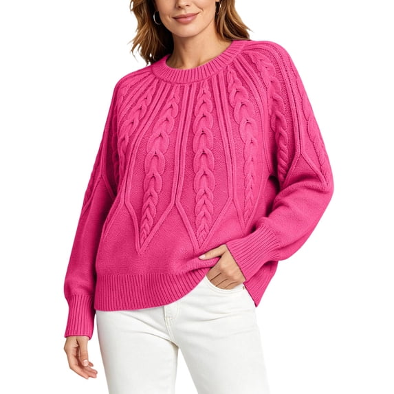 ClodeEU Women's Crewneck Cable Knit Sweater,Loose Puff Long Sleeve Cropped Pullover Jumper ,Women's Plus L