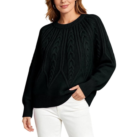 ClodeEU Women's Crewneck Cable Knit Sweater,Loose Puff Long Sleeve Cropped Pullover Jumper ,Women's Plus M