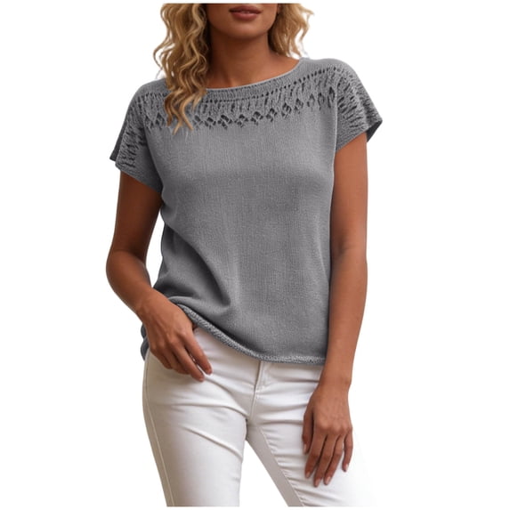 ClodeEU Women's Crewneck Short Sleeve Top with Cutout ,Casual Solid Color Summer Blouse Dark Gray,Women's Plus M