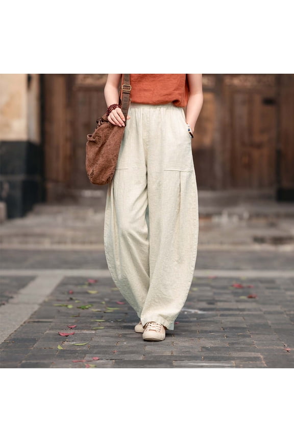 Women's Crinkle Textured Drawstring Pants with Pockets,Comfortable Elastic Waist Casual Loose Trousers Beige,Womens Plus S