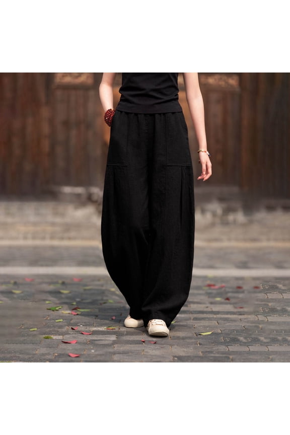 Women's Crinkle Textured Drawstring Pants with Pockets,Comfortable Elastic Waist Casual Loose Trousers Black,Womens Plus XXXXL