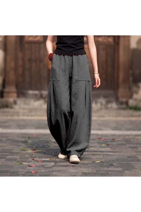 Women's Crinkle Textured Drawstring Pants with Pockets,Comfortable Elastic Waist Casual Loose Trousers Dark Gray,Womens Plus S