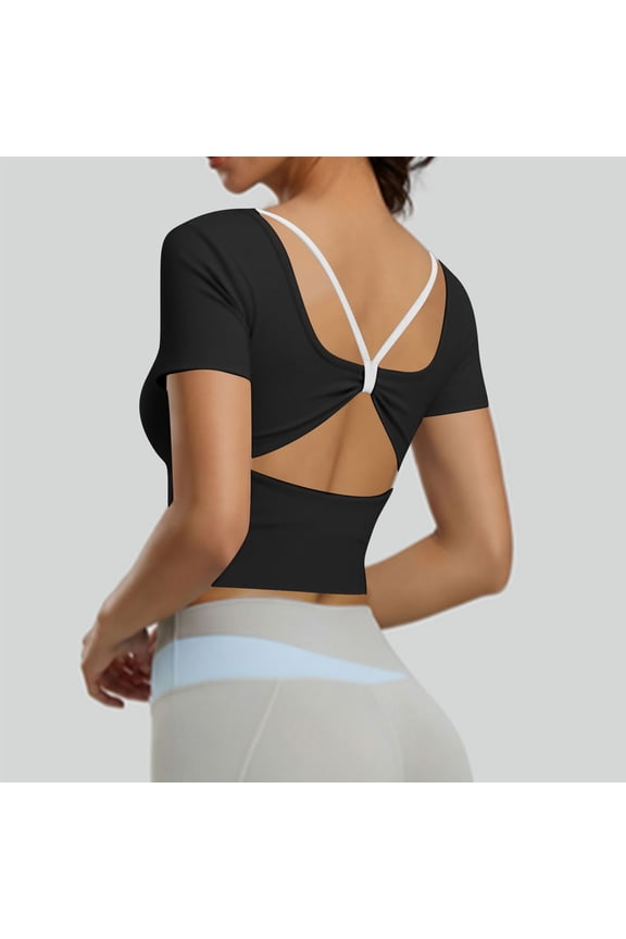 Women's Crisscross Back Scoop T-Shirt, Short Sleeve Slim Fit Casual Tee Black,Womens Plus M