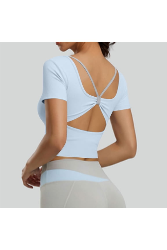 Women's Crisscross Back Scoop T-Shirt, Short Sleeve Slim Fit Casual Tee Blue,Womens Plus XXL