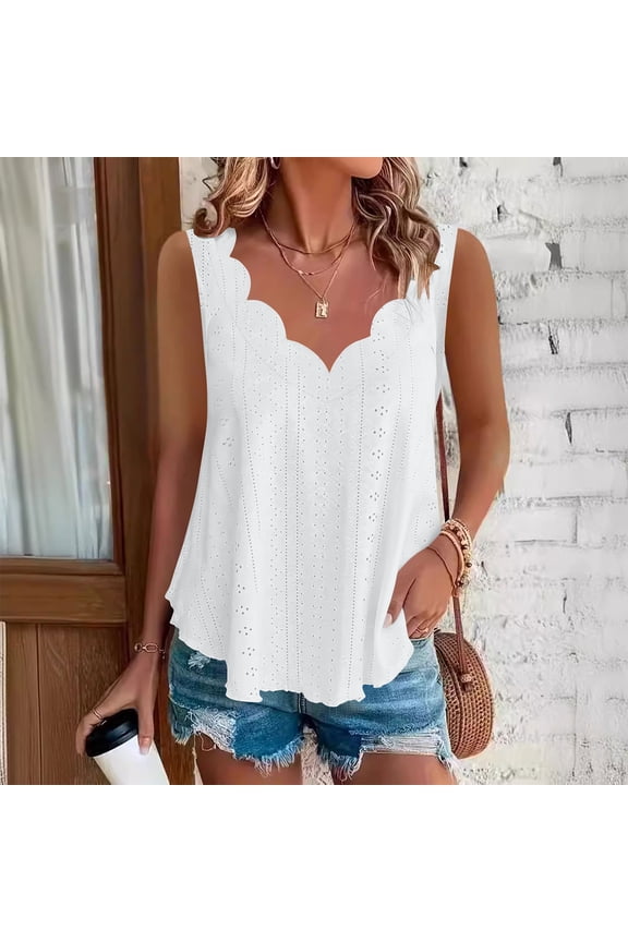 Women's Crochet Lace Asymmetric Hem Sleeveless Top with Wave Trim ,Solid Color V Neck Casual Blouse White,Womens Plus XL