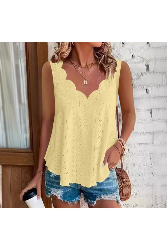 Women's Crochet Lace Asymmetric Hem Sleeveless Top with Wave Trim ,Solid Color V Neck Casual Blouse Yellow,Womens Plus XL