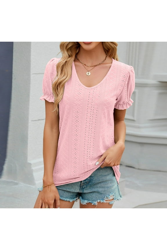 Women's Crochet Trim V-Neck Puff Sleeve Short Sleeve Top ,Solid Color Casual Blouse Pink,Womens Plus XXL