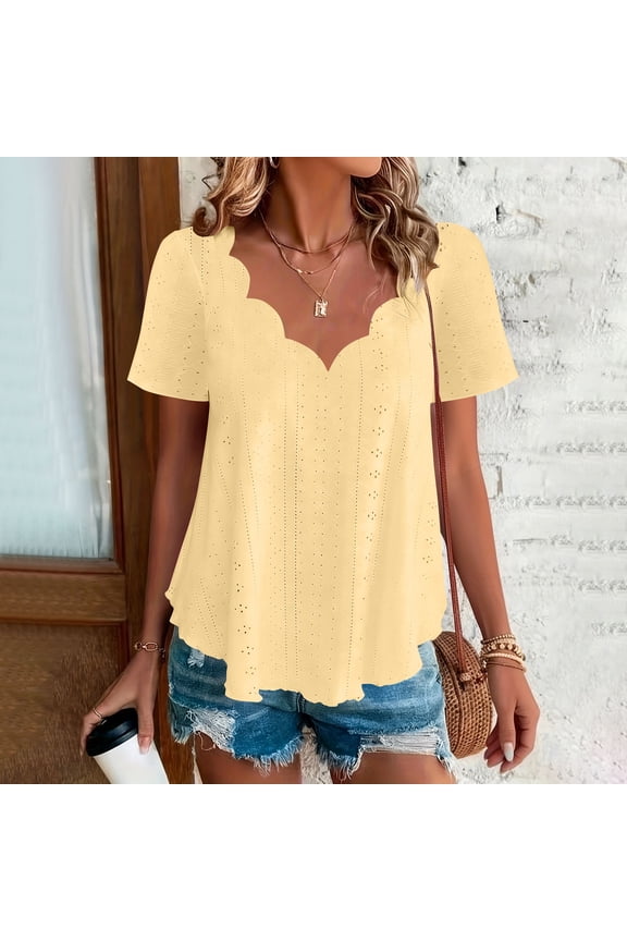 Women's Crochet Trim V Neck Short Sleeve Top ,Breathable Casual Blouse Yellow,Womens Plus XXL