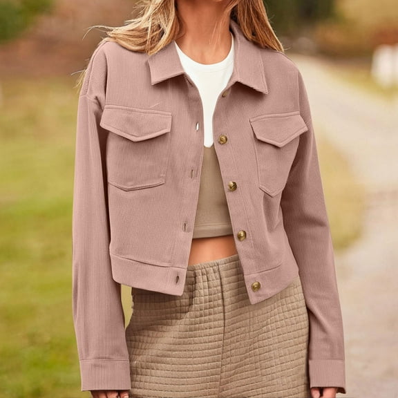 ClodeEU Women's Cropped Bomber Jackets,Button Up Cropped Denim Jacket , Long Sleeve Jacket with Pockets Pink,Womens Plus S
