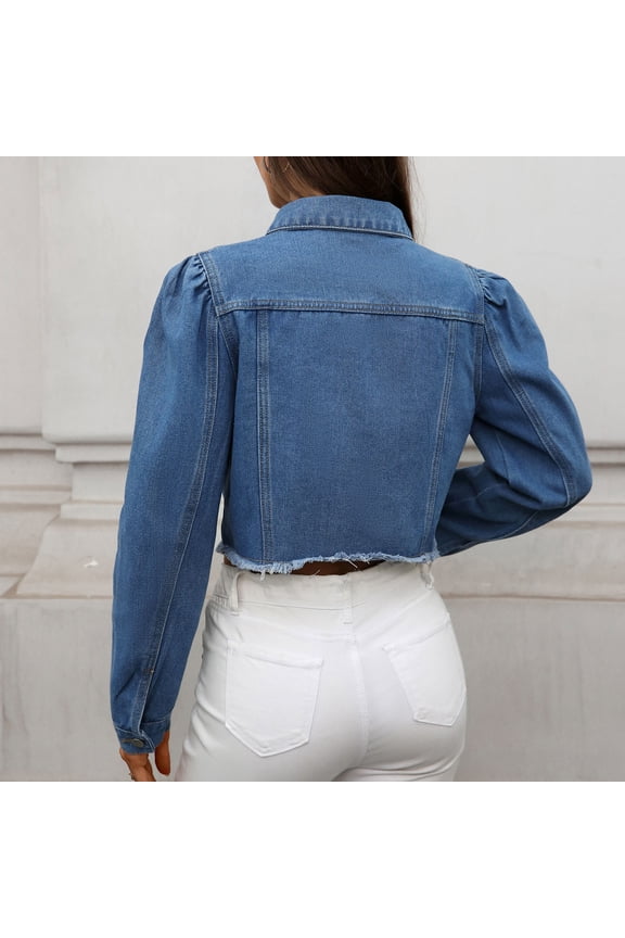 Women's Cropped Denim Jacket ,Button Down Long Sleeve Jean Jackets,Fitted Crop Top Jean Coat Blue,Womens Plus L