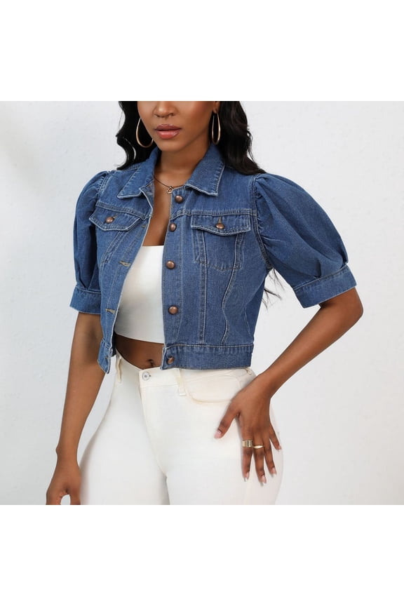 Women's Cropped Denim Jacket, Casual Lapel Button Down Jean Coat, Short Sleeveless Outwear Dark Blue,Womens Plus L