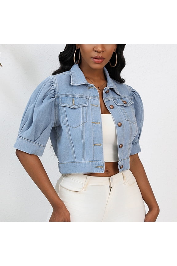 Women's Cropped Denim Jacket, Casual Lapel Button Down Jean Coat, Short Sleeveless Outwear Light Blue,Womens Plus M