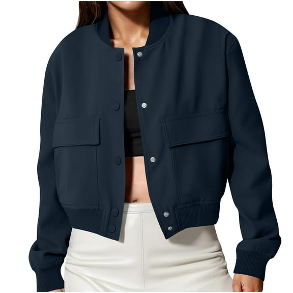 ClodeEU Women's Cropped Lightweight Bomber Jacket With Pockets,Fashion Casual Button Casual Coat Navy,Womens Plus XXL
