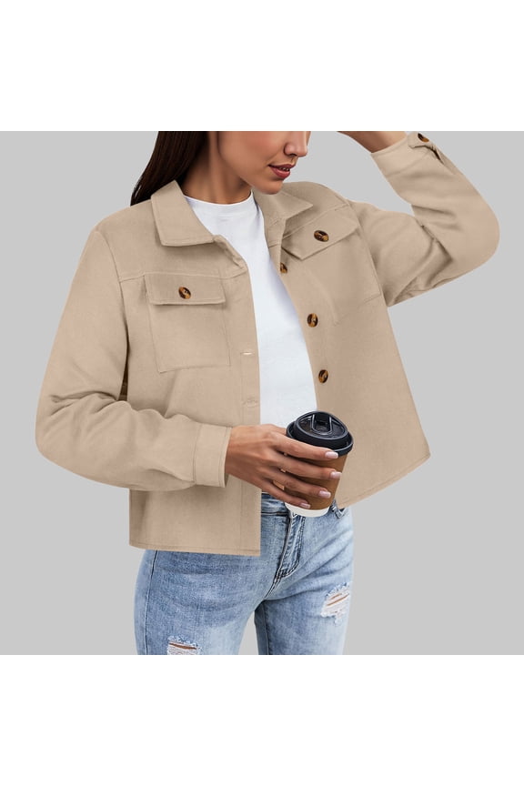Women's Cropped Wool Blend Jacket,Long Sleeve Button Down Fall Light Jackets Khaki,Womens Plus L