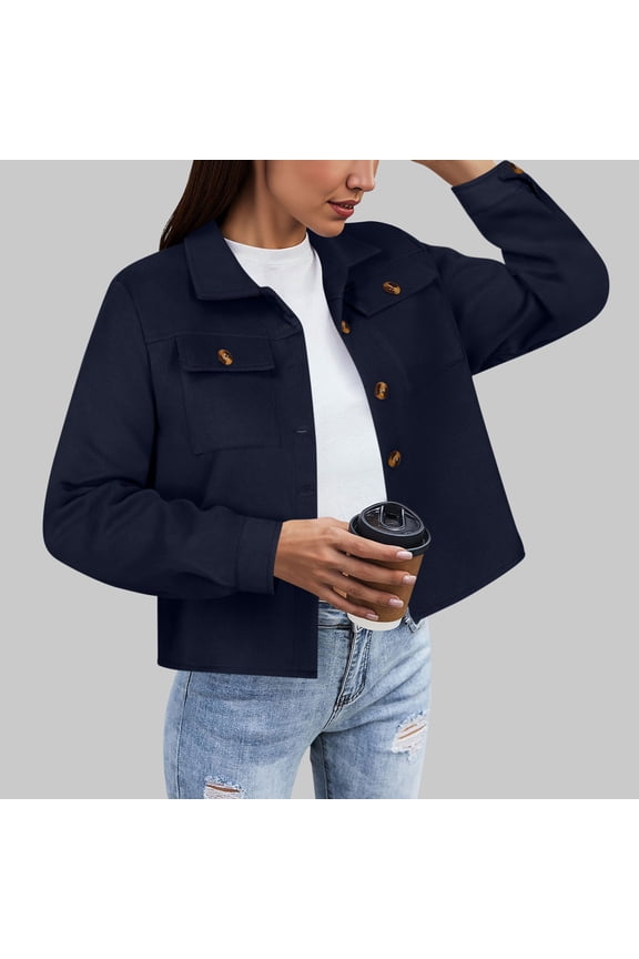 Women's Cropped Wool Blend Jacket,Long Sleeve Button Down Fall Light Jackets Navy,Womens Plus XXL