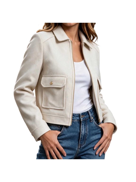 Women's Cropped Wool Blend Jacket, Long Sleeve Lapel Full Zip Coat with Flap Pockets ,Women's XS-L